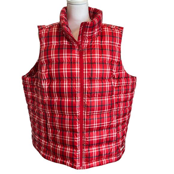 Lands' End Puffer Down Vest Women's Size 2X Red Blue Plaid Plus Feathers Warm - Picture 1 of 8